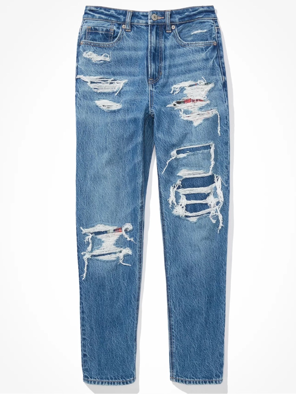 American Eagle Patched Mom Straight Jean Plaid Sz 00 Mid Rise Heavy Distress